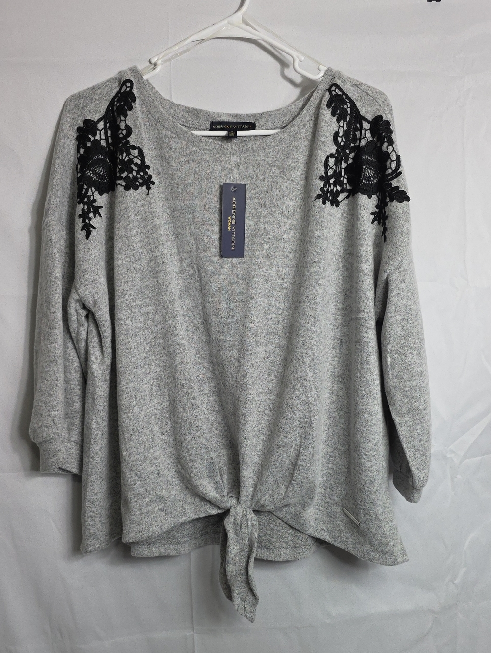Adrienne Vittadini Gray Knit Tie-Front Top with Black Lace Appliqué Womens 1X